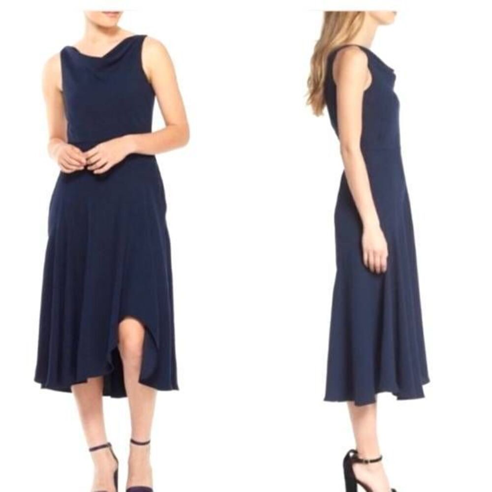 Gal Meets Glam Juliet Cowl Neck Crepe Midi Dress in Blue sz 6